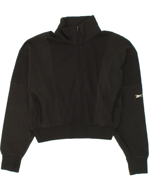 REEBOK Womens Oversized Zip Neck Sweatshirt Jumper UK 8/10 Small Black Hoodie with Hem Detail Decorative Unique