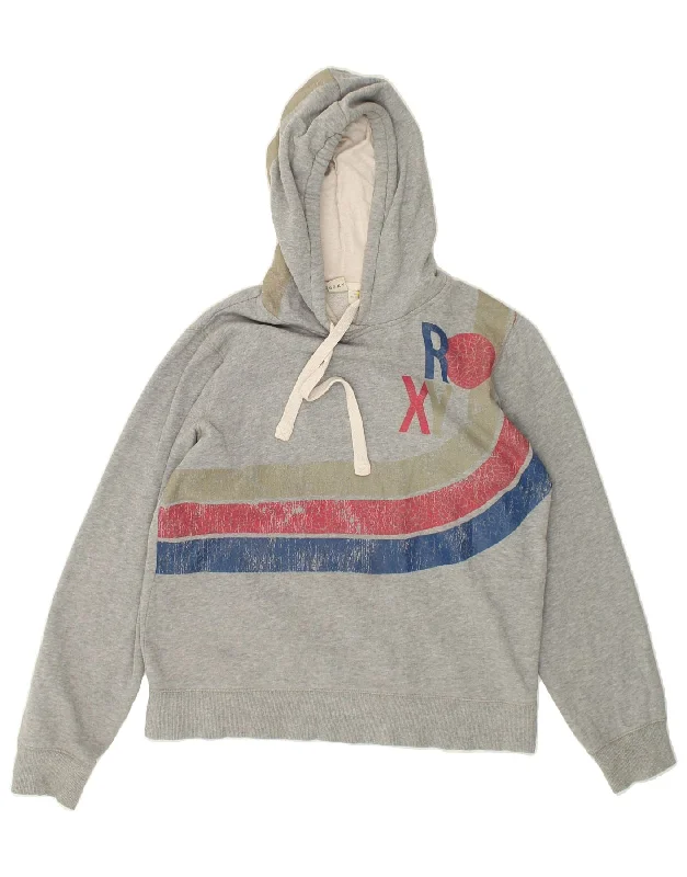 ROXY Womens Graphic Hoodie Jumper UK 12 Medium Grey Cotton Hoodie with Hem Drawcord Adjustable Customizable