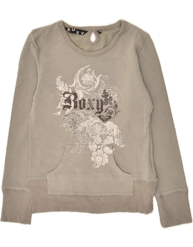 ROXY Womens Graphic Sweatshirt Jumper UK 12 Medium Grey Floral Cotton Hoodie with Ribbed Hem Stretchable Secure