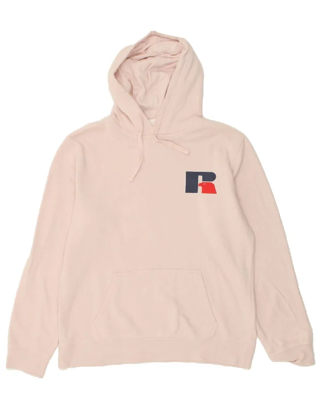 RUSSELL ATHLETIC Womens Graphic Hoodie Jumper UK 16 Large Pink Cotton Hoodie with Batwing Sleeves Loose Dramatic