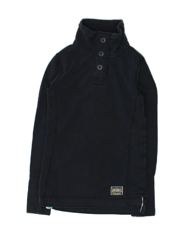 SUPERDRY Womens Button Neck Sweatshirt Jumper UK 2 2XS Navy Blue Cotton Hoodie with Tied Waist Feminine Flattering SUPERDRY Womens Button Neck Sweatshirt Jumper UK 2 2XS Navy Blue Cotton Hoodie with Tied Waist Feminine Flattering