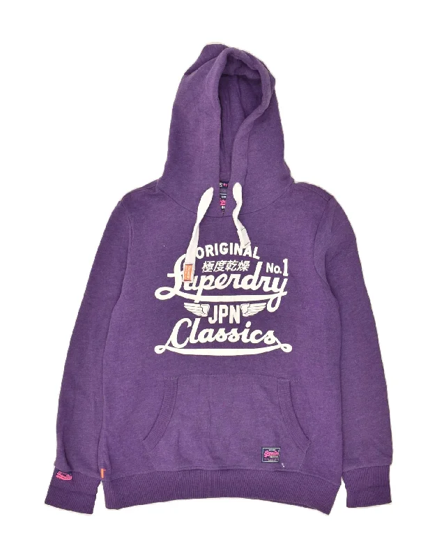 SUPERDRY Womens Classic Graphic Hoodie Jumper UK 14 Large Purple Cotton Hoodie with Tied Waist Feminine Flattering