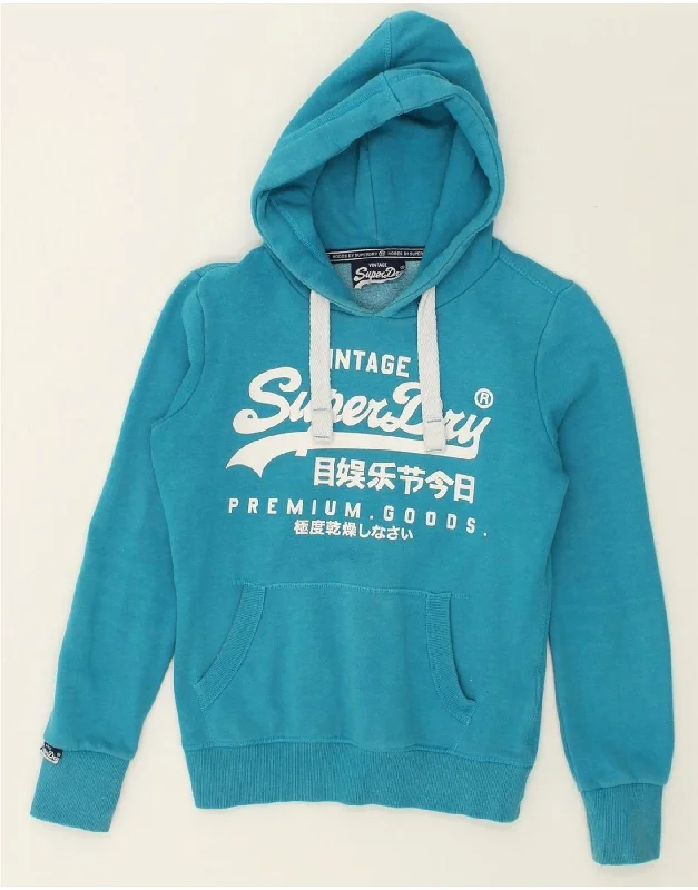 SUPERDRY Womens Graphic Hoodie Jumper UK 10 Small Blue Cotton Hoodie with Front Slit Layering Stylish