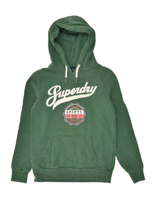 SUPERDRY Womens Graphic Hoodie Jumper UK 10 Small  Green Cotton Hoodie with Distressed Vintage Worn