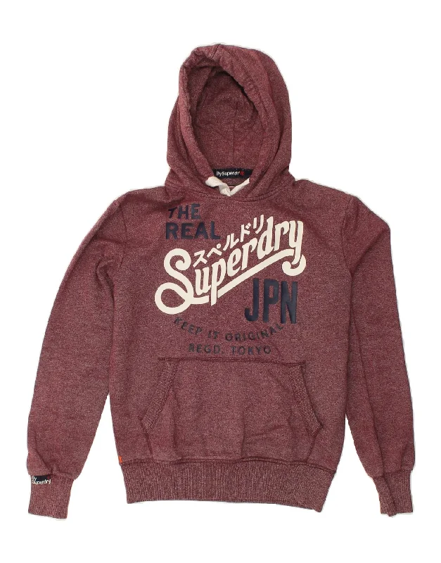 SUPERDRY Womens Graphic Hoodie Jumper UK 10 Small Maroon Flecked Cotton Hoodie with Lining Warm Insulated