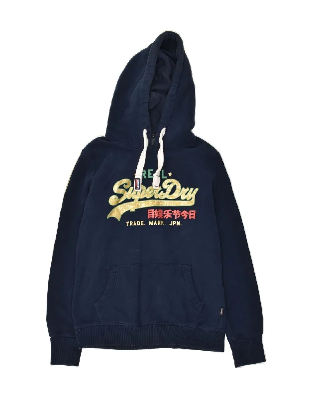 SUPERDRY Womens Graphic Hoodie Jumper UK 12 Medium Navy Blue Colourblock Hoodie with Hem Elastic Stretchable Comfortable