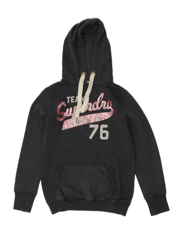 SUPERDRY Womens Graphic Hoodie Jumper UK 14 Medium Black Cotton Hoodie with Stripes Bold Sporty