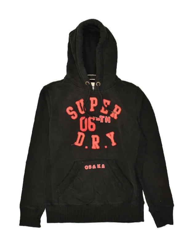 SUPERDRY Womens Graphic Hoodie Jumper UK 14 Medium Black Cotton Hoodie with Double Zipper Versatile Adjustable