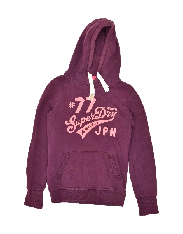 SUPERDRY Womens Graphic Hoodie Jumper UK 14 Medium Purple Cotton Hoodie Crop Top Short Trendy