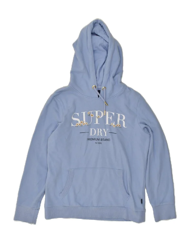 SUPERDRY Womens Graphic Hoodie Jumper UK 16 Large  Blue Cotton Hoodie with Lace Feminine Delicate