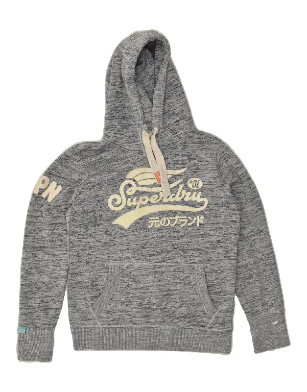 SUPERDRY Womens Graphic Hoodie Jumper UK 16 Large Grey Flecked Cotton Hoodie with Hem Ribbing Snug Secure