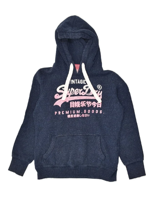 SUPERDRY Womens Graphic Hoodie Jumper UK 16 Large Navy Blue Flecked Cotton Hoodie with Puffed Sleeves Voluminous Trendy