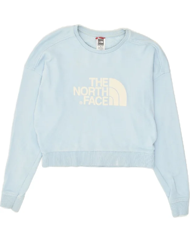 THE NORTH FACE Womens Crop Graphic Sweatshirt Jumper UK 14 Large Blue Hoodie with Velcro Closure Adjustable Secure