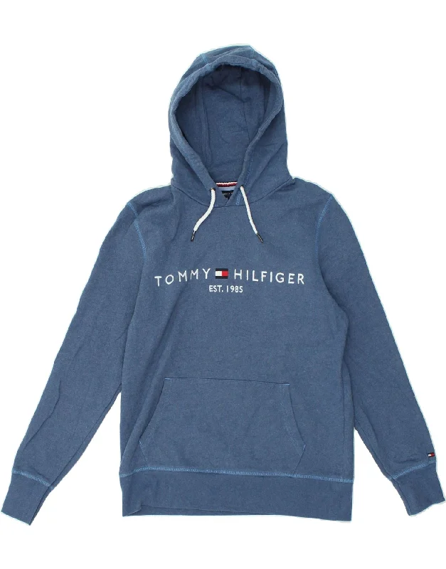 TOMMY HILFIGER Womens Graphic Hoodie Jumper UK 14 Medium Blue Cotton Hoodie with Hem Detail Decorative Unique