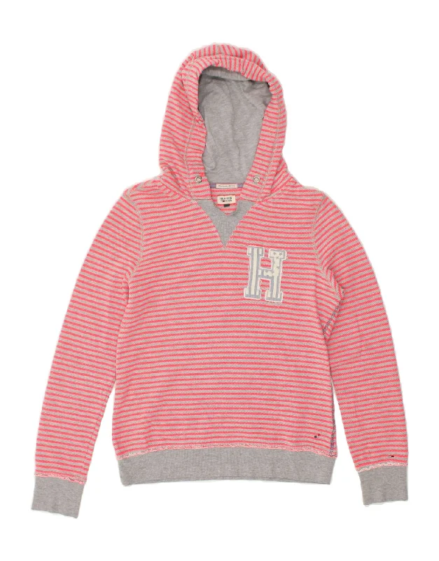 TOMMY HILFIGER Womens Graphic Hoodie Jumper UK 14 Medium Pink Striped Hoodie with Hem Frayed Vintage Worn