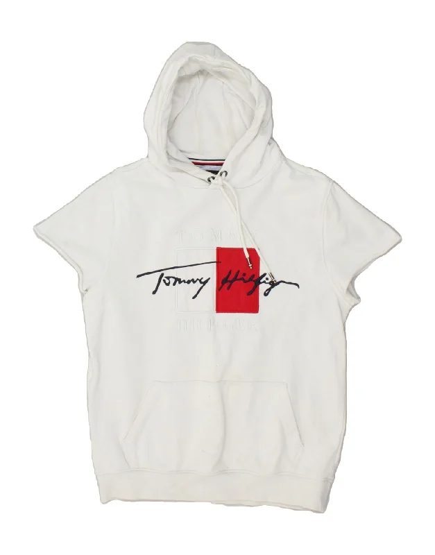 TOMMY HILFIGER Womens Graphic Short Sleeve Hoodie Jumper UK 10 Small White Hoodie with Pocket Utility Practical