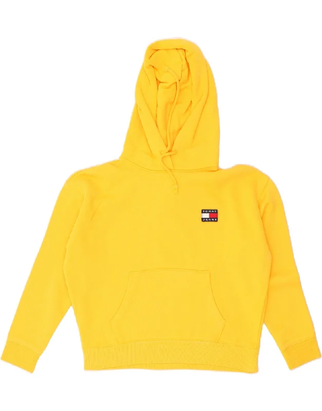 TOMMY HILFIGER Womens Oversized Hoodie Jumper UK 10 Small Yellow Cotton Graphic Hoodie Design Print