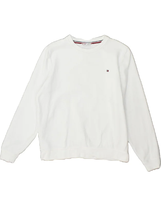 TOMMY HILFIGER Womens Oversized Sweatshirt Jumper UK 10 Small White Cotton Hoodie with Earth Tones Natural Calm