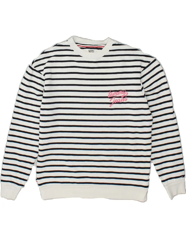 TOMMY HILFIGER Womens Sweatshirt Jumper UK 14 Medium Navy Blue Striped Hoodie with Mock Neck Collared Structured TOMMY HILFIGER Womens Sweatshirt Jumper UK 14 Medium Navy Blue Striped Hoodie with Mock Neck Collared Structured
