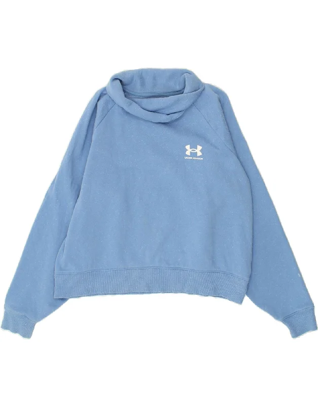 UNDER ARMOUR Womens Crop Roll Neck Sweatshirt Jumper UK 16 Large Blue Hoodie with Thumb Holes Functional Cozy