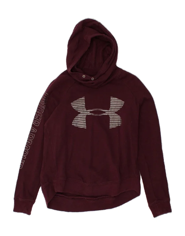 UNDER ARMOUR Womens Loose Fit Graphic Hoodie Jumper UK 10 Small Burgundy Oversized Hoodie Comfort Casual