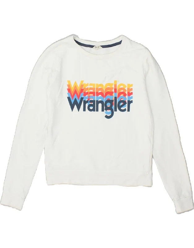 WRANGLER Womens Crop Graphic Sweatshirt Jumper UK 6 XS White Cotton Hoodie with Hem Frayed Vintage Worn WRANGLER Womens Crop Graphic Sweatshirt Jumper UK 6 XS White Cotton Hoodie with Hem Frayed Vintage Worn
