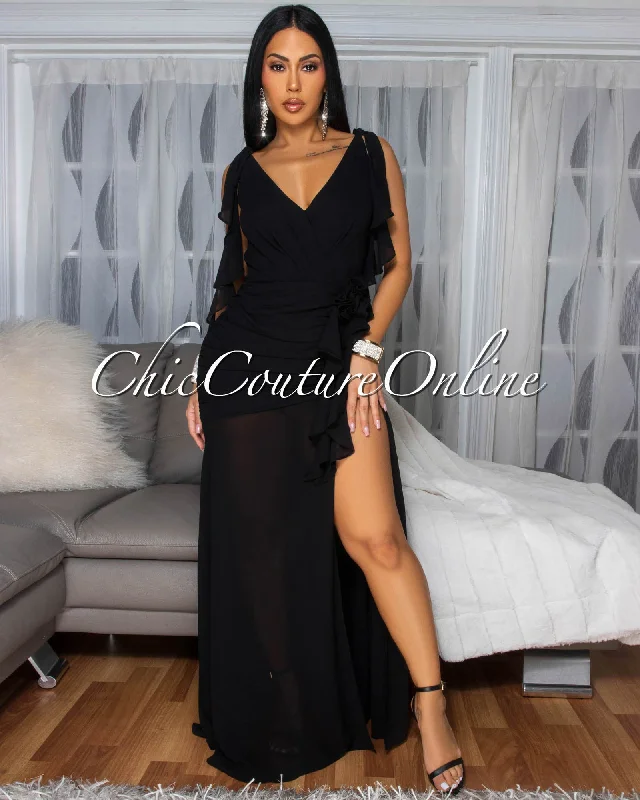 Abianka Black Ruffle Slit Maxi Dress Elegant Maxi Dress with Drapes