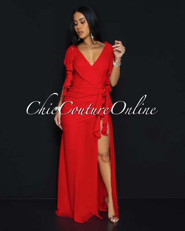 Abianka Red Ruffle Slit Maxi Dress Comfortable Plunging Neckline Maxi Dress