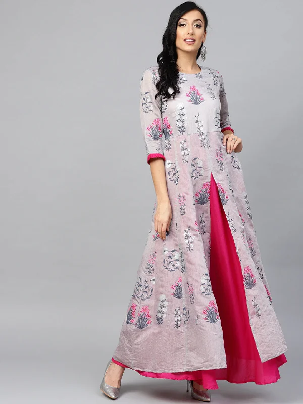 Ahalyaa Grey & Pink Floral Printed Layered Front Slit Maxi Dress Trendy Ruffled Maxi Dress