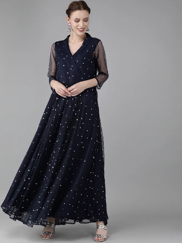 Ahalyaa Navy Blue Net & Crepe Silver Toned Polka Dots Printed Maxi Dress Comfortable Fit-and-Flare Maxi Dress