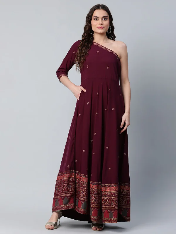 Ahalyaa Women Burgundy & Gold Toned Ethnic Motifs One Shoulder Ethnic Maxi Dress Chic Boho Print Maxi Dress