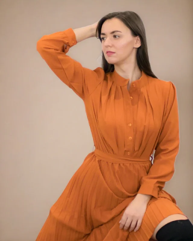 Ania Burnt Orange Maxi Dress with Pleats - Long Sleeve Dress Cozy Spaghetti Strap Maxi Dress