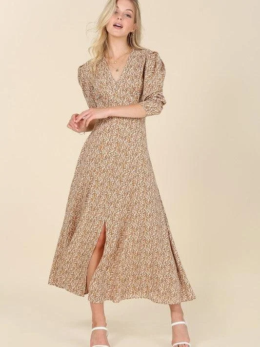 Autumn Gold Floral Flair Maxi Dress Trendy Short Sleeve Maxi Dress