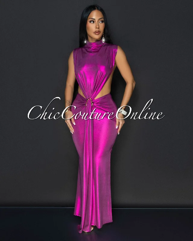 Avaline Fuchsia Shimmer Open Sides Maxi Dress Comfortable T-Shirt Maxi Dress