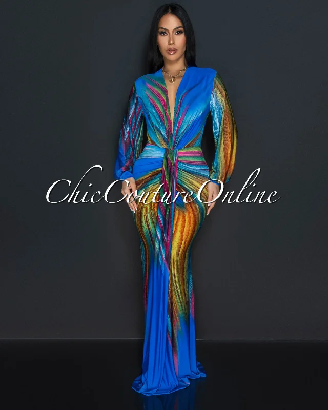 Ayana Blue Peacock Long Sleeves Deep V-Neck Maxi Dress Elegant Maxi Dress with Ruffles Ayana Blue Peacock Long Sleeves Deep V-Neck Maxi Dress Elegant Maxi Dress with Ruffles