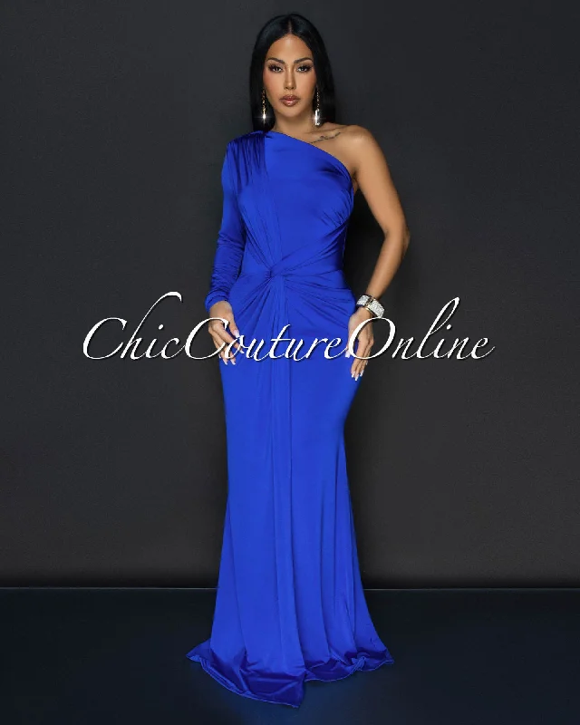 Balencia Royal-Blue Single Sleeve Knot Front Maxi Dress Elegant Boho Maxi Dress