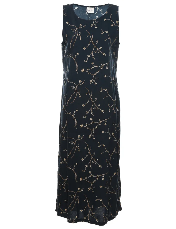 Black Floral Print Maxi Dress - M Elegant Lace-Up Maxi Dress