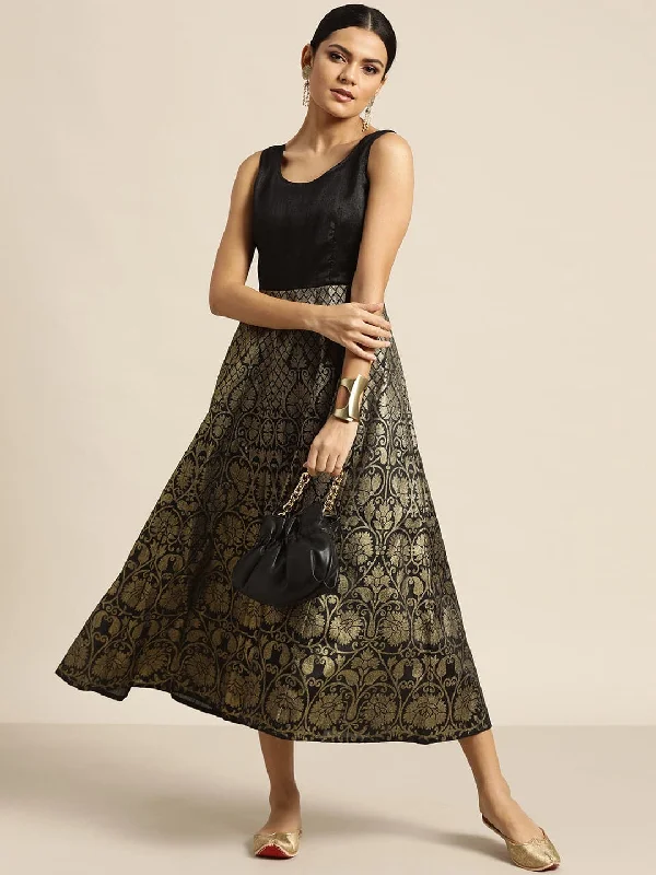 Black Foil Print Sleeveless Anarkali Maxi Dress Elegant Maxi Dress with Pockets