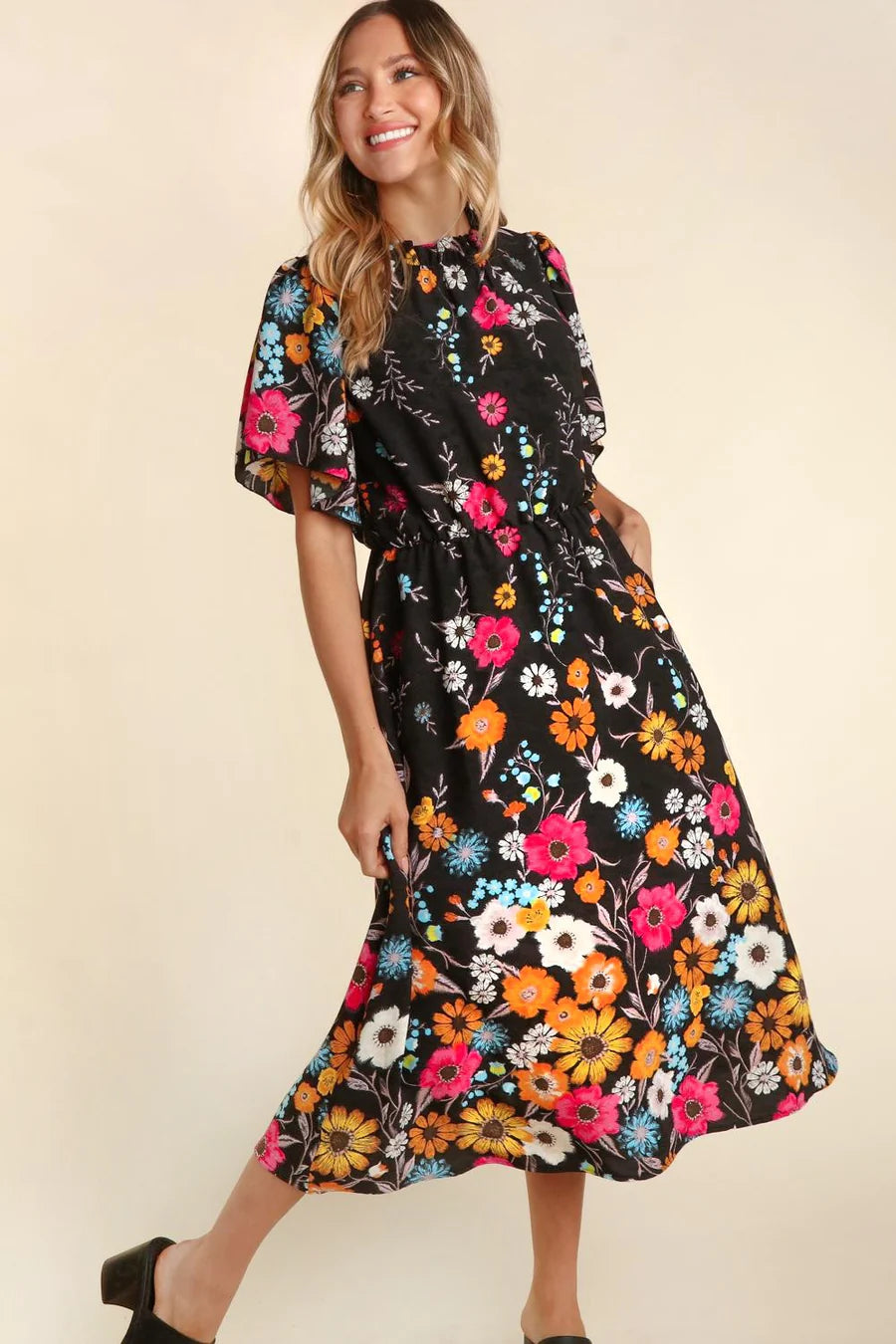 BLACK FRILLY MOCK NECK FLORAL POCKETED MIDI MAXI DRESS Stylish Long Sleeve Maxi Dress