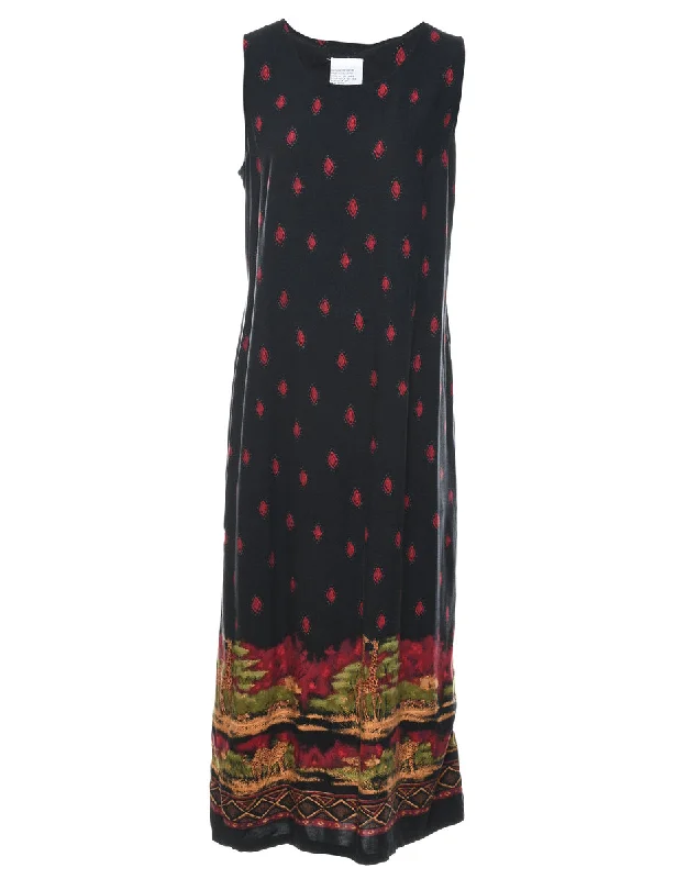 Black Patterned Maxi Dress - M Comfortable Long-Sleeve Maxi Dress