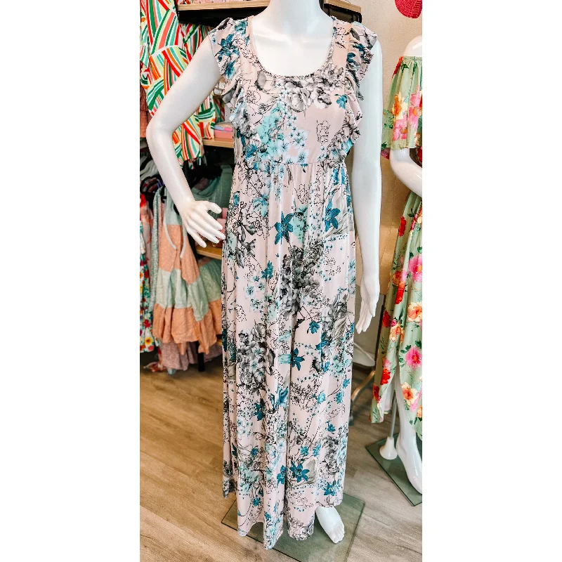 Blue Blush Vintage Floral Maxi Dress Chic Button-Up Maxi Dress