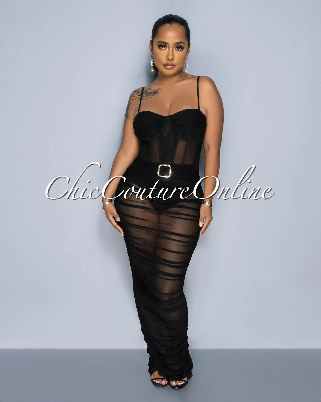 Bonaparte Black Gold Buckle Mesh Ruched Sheer Maxi Dress Cozy Knitted Maxi Dress