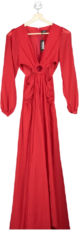 Boohoo Red Long-Sleeve Maxi Dress UK 8 Elegant Maxi Dress with Slit