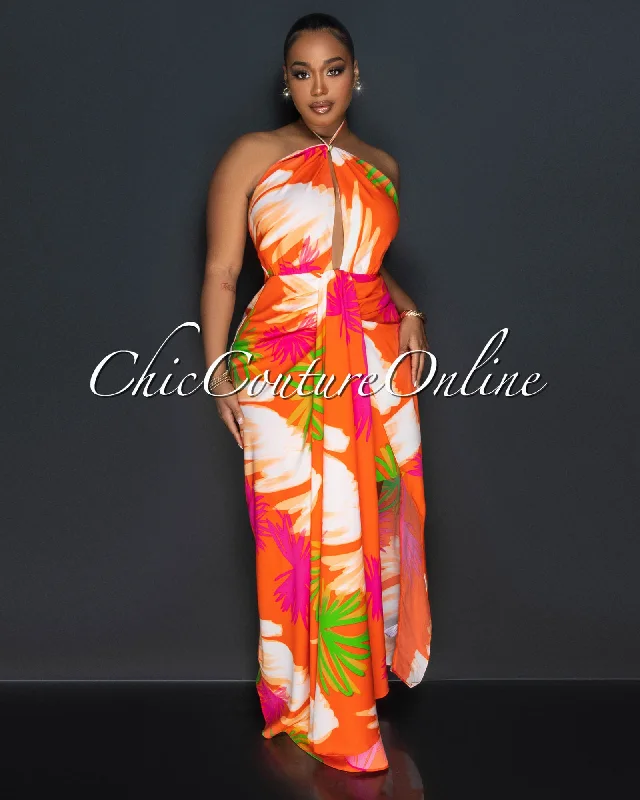 Celian Orange Multi-Color Print Front Slit Maxi Dress Comfortable Ruffle Maxi Dress