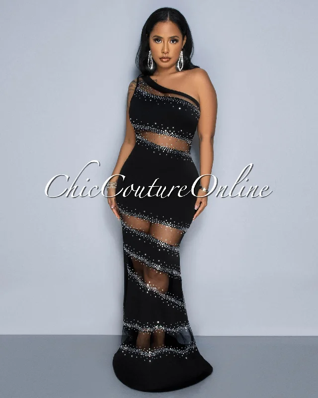 Corine Black Mesh Rhinestones Maxi Dress Trendy Off-Shoulder Ruffle Maxi Dress