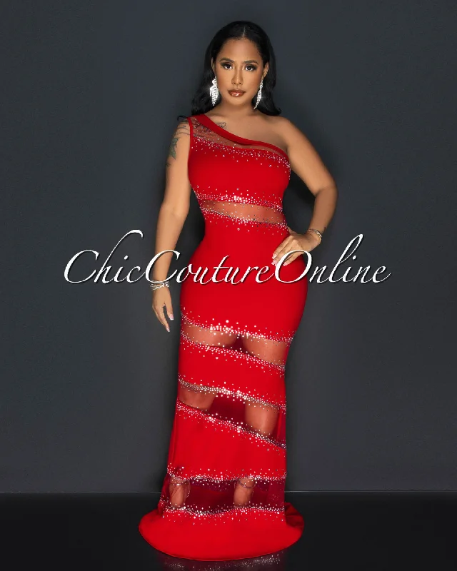 Corine Red Mesh Rhinestones Maxi Dress Elegant Maxi Dress with Pockets