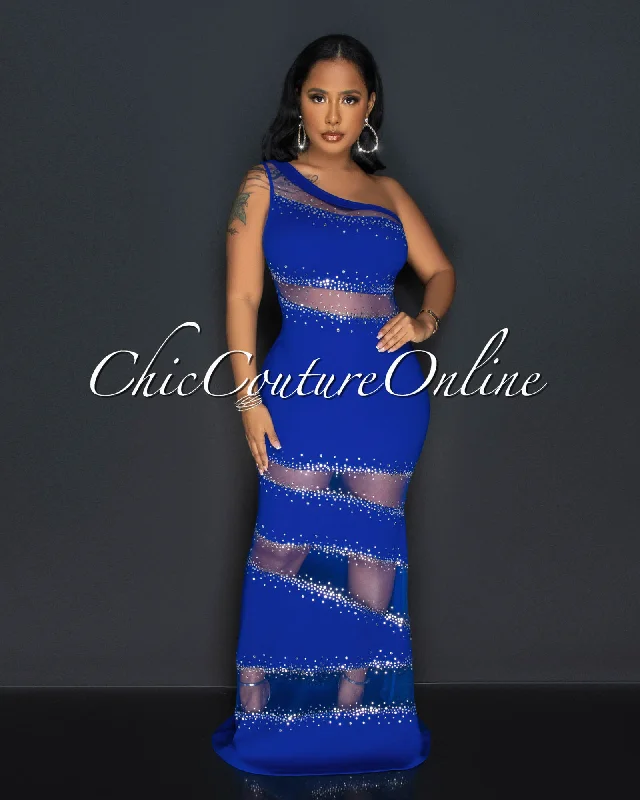 Corine Royal Blue Mesh Rhinestones Maxi Dress Classic Strapless Maxi Dress