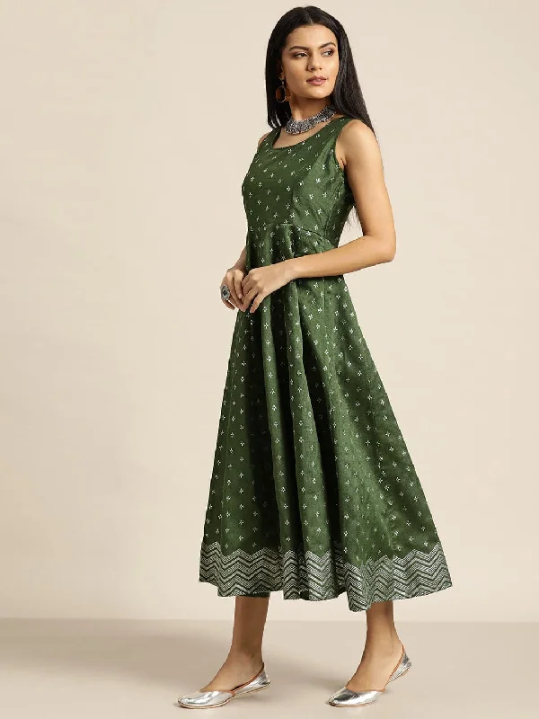 Dark Green Silver Foil Print Anarkali Maxi Dress Comfortable Satin Maxi Dress