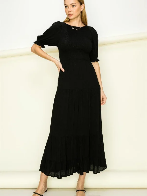 Dreamy Black Smocked Maxi Dress with Short Puffy Sleeves Classic V-Neck Maxi Dress