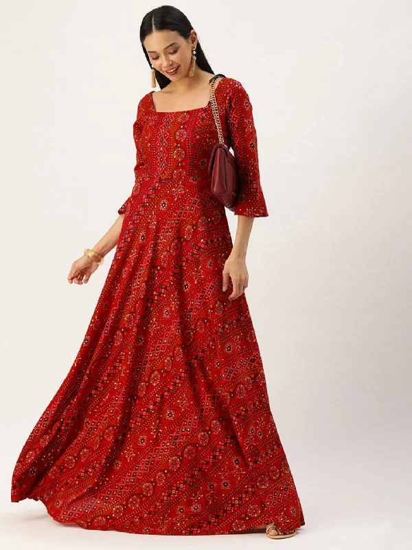 Red Printed Viscose Maxi Dress Comfortable T-Shirt Maxi Dress